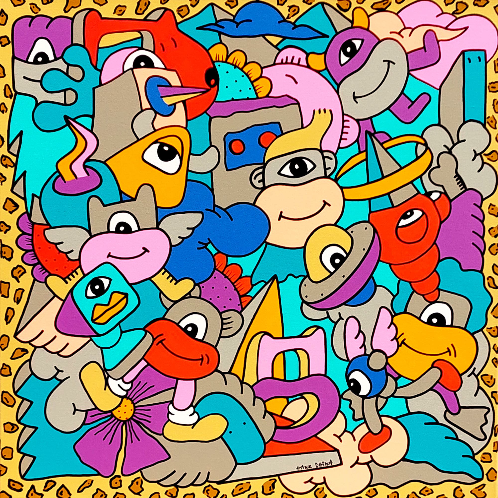 Peinture à l'acylique sur toile par l'artiste Hank CHINA représentant des personnages fantastiques dans un univers coloré